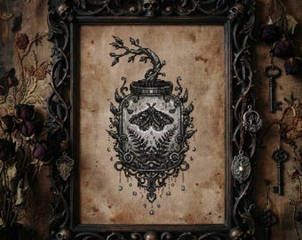 Patrón de punto de cruz de polilla gótica: Bordado de fantasía de tarro botánico oscuro (PDF)