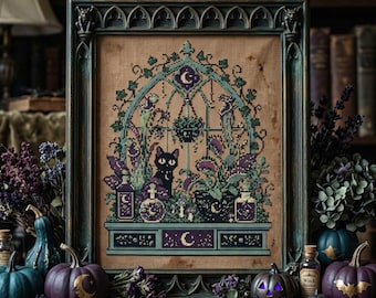 Black Cat Greenhouse Cross Stitch Pattern: Gothic Botanical Garden Embroidery PDF