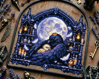 Raven Mother Cross Stitch Pattern: Gothic Moonlight Nest Scene, Dark Fantasy Embroidery PDF