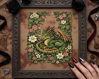Punto croce con drago floreale: drago verde addormentato in un giardino fiorito, ricamo fantasy PDF