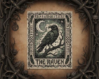 Gothic Raven Tarot Cross Stitch Pattern: Moonlit Crow with Runes & Ornate Frame Embroidery PDF