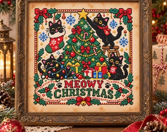 Meowy Christmas Cross Stitch Pattern: Black Cat Holiday Tree Stocking Gifts Embroidery PDF