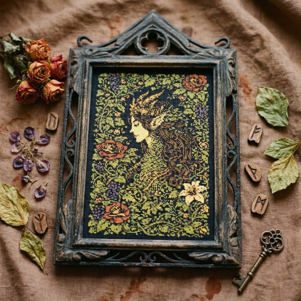 Forest Goddess Cross Stitch Pattern: Green Nature Spirit Fantasy Design Embroidery PDF