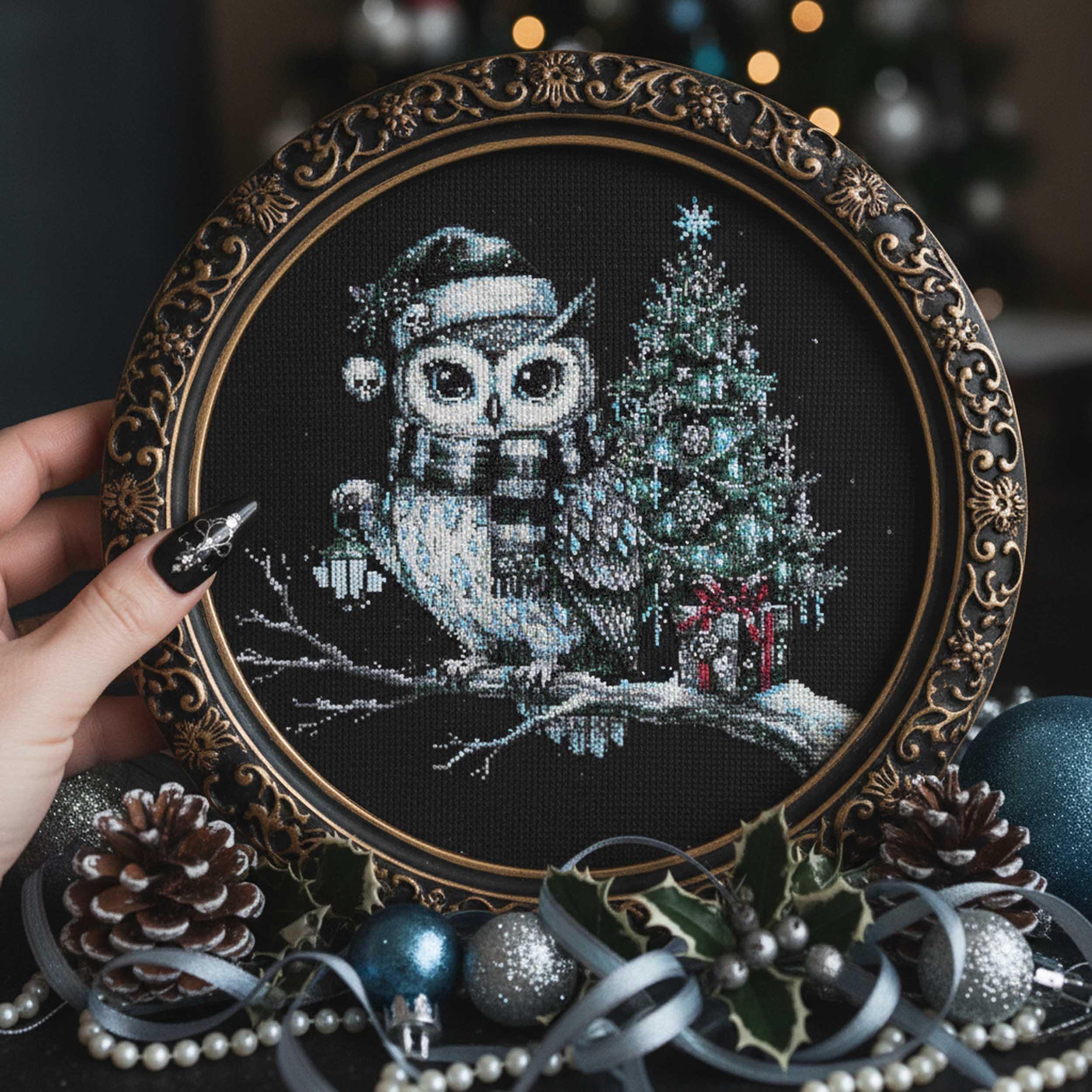 Gothic Winter Owl Cross Stitch Pattern: Snowy Christmas Tree & Lantern Embroidery PDF