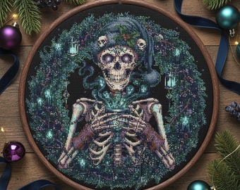 Schema punto croce con scheletro natalizio gotico: ghirlanda festiva infestata con teschio, ricamo PDF