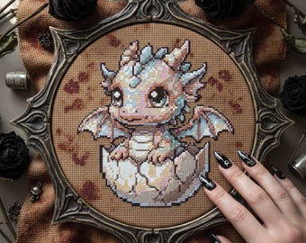Baby Dragon in Egg Cross Stitch Pattern: Pastel Fantasy Hatchling Embroidery (PDF)