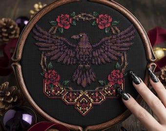 Gothic Raven Cross Stitch Pattern: Red Roses & Ornate Gold Frame Dark Fantasy Embroidery PDF