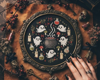 Patrón de punto de cruz de caldero fantasma: Bordado de poción de Halloween (PDF)