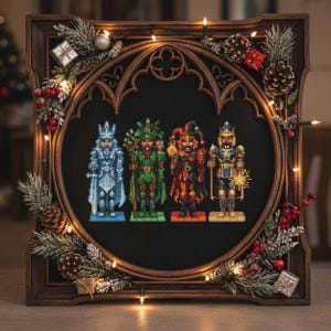 May include: A framed cross-stitch featuring four pixelated figures: a king, a forest figure, a jester, and a nutcracker. The dark brown frame is decorated with pinecones, berries, and fairy lights, creating a festive holiday theme.