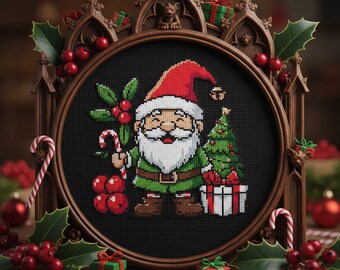 Christmas Gnome Cross Stitch Pattern: Festive Santa Gnome Tree Holiday Embroidery PDF