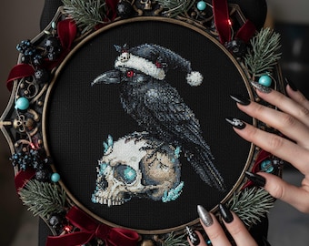 Patrón de punto de cruz navideño de cuervo sobre calavera: Bordado de cuervo invernal embrujado (PDF)