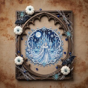 This stunning cross stitch pattern features an elegant ice queen standing before a glowing frozen castle under a full moon. Her flowing gown and cape are rendered in soft icy blues and whites, creating a shimmering, frost-like effect. The background is filled with delicate snowflakes and a deep winter night sky, enhancing the magical atmosphere. Surrounding the scene is an ornate circular frame of frosted roses and swirling icy branches, adding depth and decorative richness. This design is perfe
