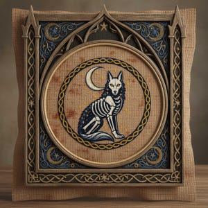 This gothic cross-stitch pattern features a skeletal fox seated beneath a glowing crescent moon, surrounded by a decorative Celtic-style ring and shimmering stars. The fox’s elegant bone structure is rendered in soft ivory and pale gray tones, contrasted against a deep blue night sky dotted with golden starlight. The circular framing gives the design a symbolic, talisman-like presence, making it perfect for gothic décor, fantasy art collections, and celestial-themed embroidery displays.