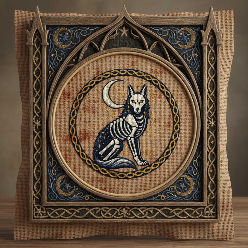 This gothic cross-stitch pattern features a skeletal fox seated beneath a glowing crescent moon, surrounded by a decorative Celtic-style ring and shimmering stars. The fox’s elegant bone structure is rendered in soft ivory and pale gray tones, contrasted against a deep blue night sky dotted with golden starlight. The circular framing gives the design a symbolic, talisman-like presence, making it perfect for gothic décor, fantasy art collections, and celestial-themed embroidery displays.