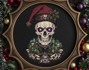Schema punto croce Babbo Natale scheletro: ricamo teschio natalizio gotico con occhi luminosi in formato PDF