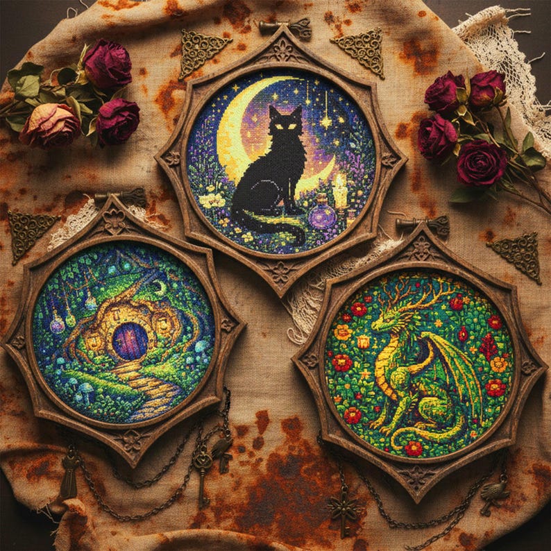 A dramatic gothic fantasy cross stitch bundle mockup showcasing an entire embroidery shop collection in one powerful visual. Displayed on a deep, moody background, the center text reads “515+ Entire Shop Cross Stitch Bundle – Lifetime Access,” highlighting the scale and value of this digital collection. Surrounding embroidery hoops feature gothic dragons, witchy symbols, moonlit castles, enchanted florals, dark fantasy creatures, and mystical designs. This image represents printable PDF cross