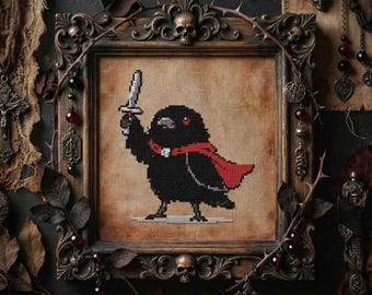 Raven Knight Cross Stitch Pattern: Dark Fantasy Warrior Embroidery PDF