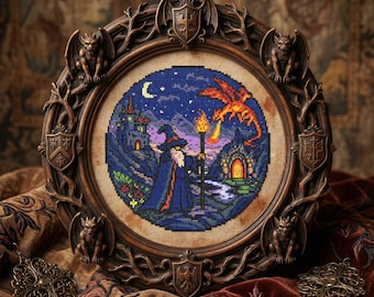 Moonlit Wizard Cross Stitch: Fantasy Mage, Dragon Sky & Enchanted Castle Embroidery PDF