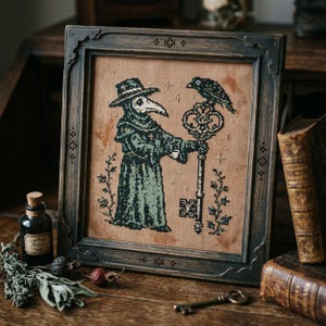 May include: Framed cross-stitch art featuring a plague doctor holding a large key, with a raven perched above. The artwork is in shades of green and black on a tan background, framed in a dark wood. A small bottle labeled "Potion" is visible.