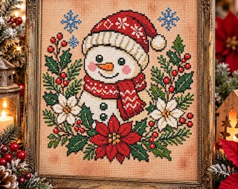 Snowman Christmas Cross Stitch Pattern: Poinsettia Holly Winter Floral Holiday Embroidery PDF