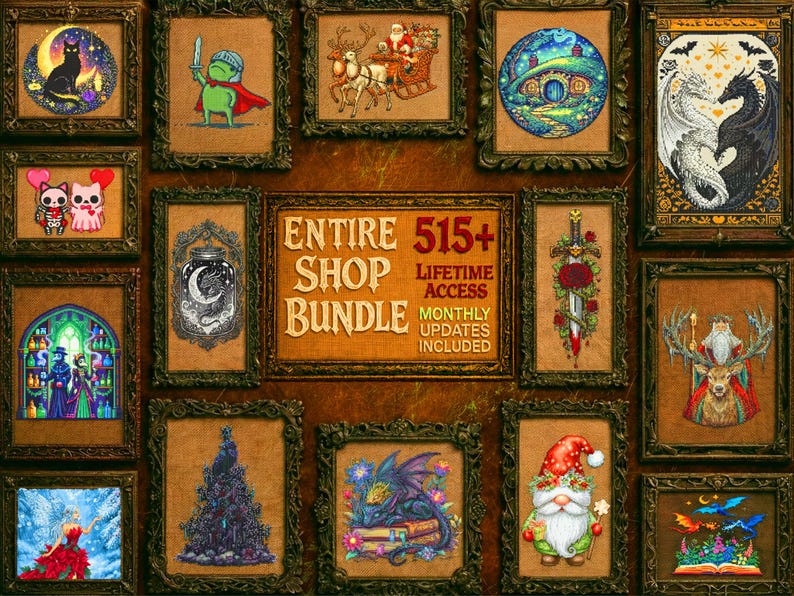 A captivating fantasy-inspired cross stitch bundle image presenting a complete embroidery pattern shop in a single layout. The design highlights “515+ Entire Shop Cross Stitch Bundle – Lifetime Access” at the center, surrounded by colorful embroidery hoops filled with witchy, gothic, and fantasy cross stitch designs. Visible patterns include dragons, spellcasting witches, celestial moons, gothic architecture, enchanted forests, and magical motifs. This image showcases a premium digital PDF