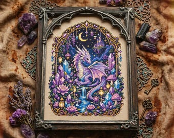 Crystal Dragon Cross Stitch Pattern: Lavender Fantasy Dragon with Crystals Embroidery PDF