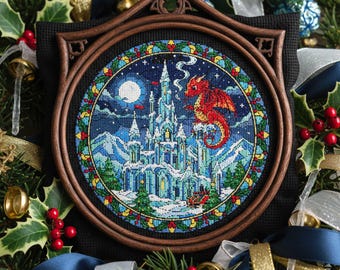 Winter Dragon Cross Stitch Pattern: Majestic Castle, Moonlit Sky & Snow Landscape Fantasy Embroidery PDF