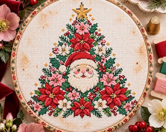 Santa Christmas Tree Cross Stitch Pattern: Festive Poinsettia Poinsettia Embroidery PDF