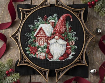 Patrón de punto de cruz de gnomo navideño: Cabaña acogedora, Pinos nevados (PDF)