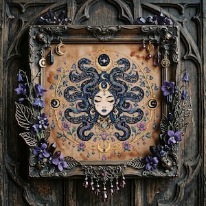 This celestial Medusa cross stitch pattern features a mystical serpent goddess surrounded by flowing cosmic snakes, golden moon symbols, celestial ornaments, and delicate floral accents. Inspired by mythology and dark fantasy aesthetics, the design transforms Medusa into a peaceful moonlit queen filled with elegance and magical energy. Deep navy blue tones blend with soft lavender, dusty pink, and gold celestial details to create an enchanting embroidery composition perfect for gothic home décor