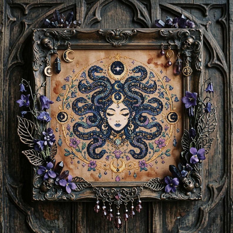 This celestial Medusa cross stitch pattern features a mystical serpent goddess surrounded by flowing cosmic snakes, golden moon symbols, celestial ornaments, and delicate floral accents. Inspired by mythology and dark fantasy aesthetics, the design transforms Medusa into a peaceful moonlit queen filled with elegance and magical energy. Deep navy blue tones blend with soft lavender, dusty pink, and gold celestial details to create an enchanting embroidery composition perfect for gothic home décor