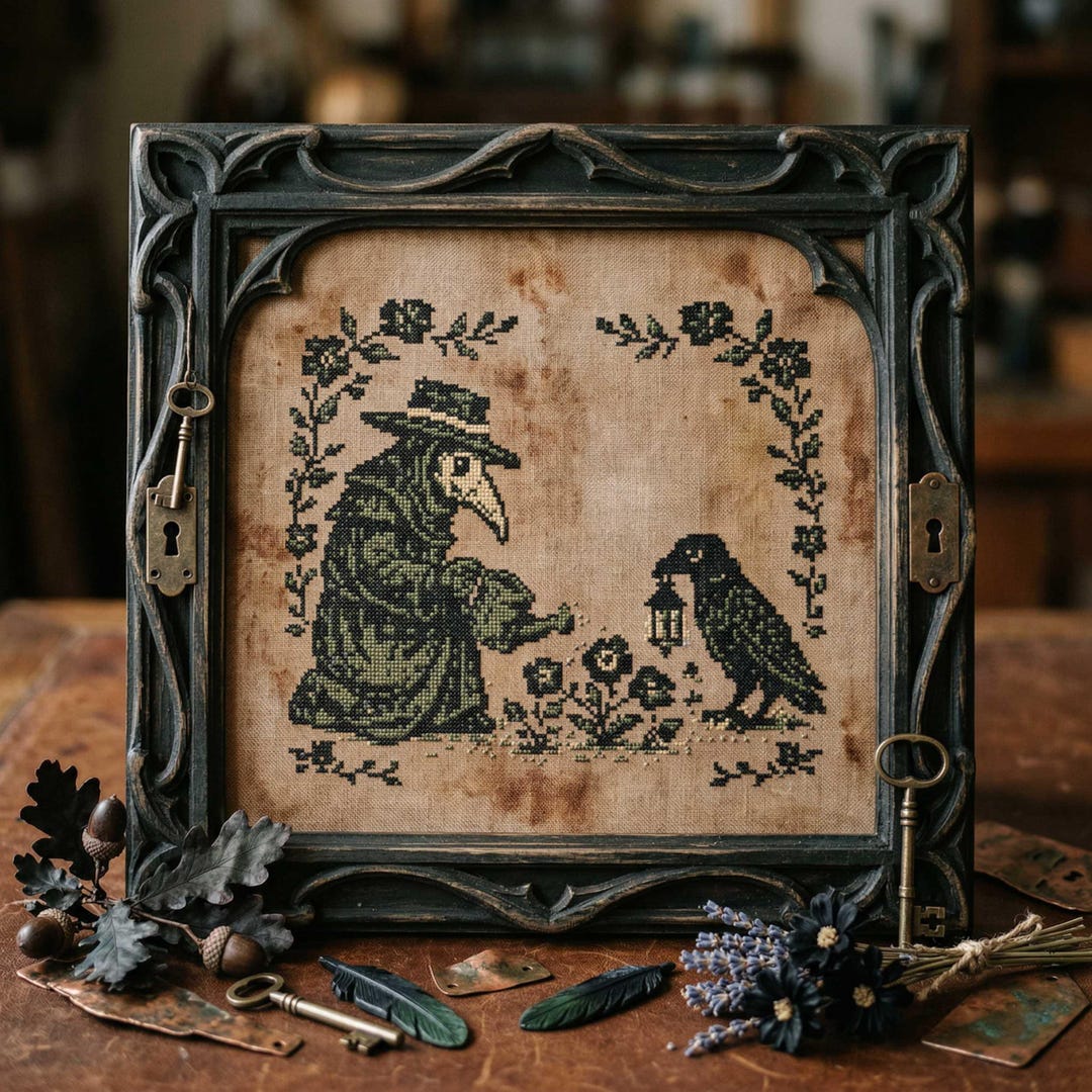 Plague Doctor and Raven Cross Stitch Pattern: Gothic Lantern Flower ...