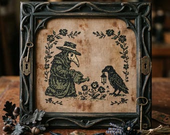 Plague Doctor and Raven Cross Stitch Pattern: Gothic Lantern Flower Dark Fantasy Embroidery (PDF)
