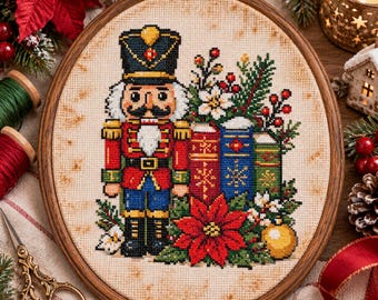 Festive Nutcracker Cross Stitch Pattern: Holiday Book Lover Christmas Book Stack Embroidery PDF