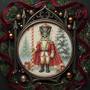 May include: A framed cross-stitch of a skeletal nutcracker soldier in a red coat and black boots, holding a candy cane. The frame is surrounded by Christmas greenery, baubles, and red ribbon. The artwork is set against a black background.
