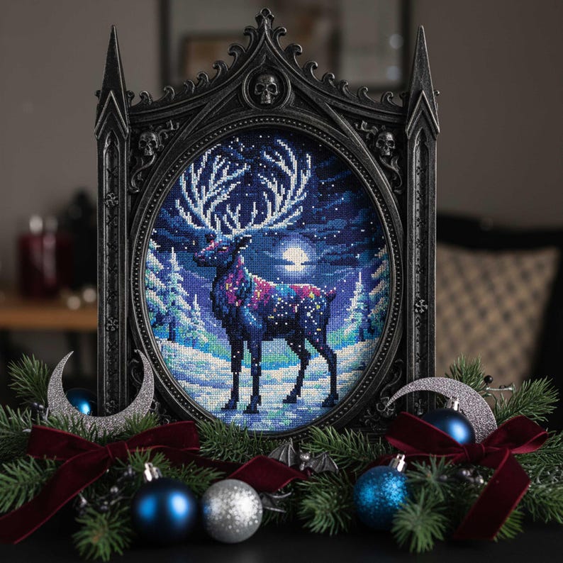 Celestial Stag Cross Stitch Pattern – Winter Fantasy Deer Embroidery ...