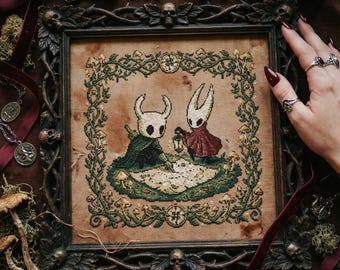 Masked Forest Adventurers Cross Stitch Pattern: Lantern Map Scene & Mushroom Border Embroidery PDF