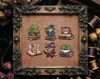 Patrón de punto de cruz de criaturas mágicas de cuentos: Bordado de dragón, mago, búho, hada y zorro (PDF)