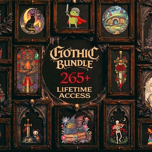Könnte beinhalten: Eine Sammlung gerahmter gotischer Kunstdrucke mit verschiedenen Fantasy- und gruseligen Themen. Die Kunstwerke zeigen Bilder einer schwarzen Katze, eines Froschritters, eines Drachen und eines Geigerskeletts. Der Text "Gothic Bundle" und "265+ Lifetime Access" sind ebenfalls zu sehen.