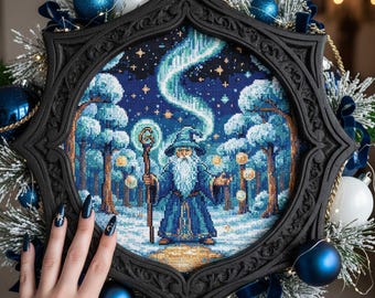 Patrón de punto de cruz de mago invernal: PDF de bordado fantástico con cielo de aurora boreal y bosque nevado