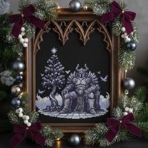 May include: Cross-stitch artwork of a knight in armor seated near a Christmas tree, framed in a dark wooden gothic-style frame. The artwork is surrounded by a festive arrangement of evergreen branches, burgundy bows, and silver ornaments, creating a holiday theme.