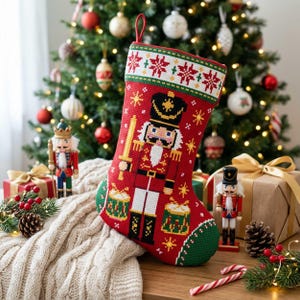 May include: A red needlepoint Christmas stocking featuring a central nutcracker soldier figure holding a sword, flanked by two drums. The cuff displays a white and green snowflake pattern, while the toe and heel are green with white accents.