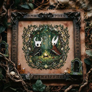 以下が含まれることがあります： 森の中にいる2人のキャラクターを描いたクロスステッチアート。暗く装飾的なフレームで額装されています。キャラクターはキャンプファイヤーのある森の中にいます。フレームにはルーン文字と装飾要素があり、頭蓋骨とクリスタルが付いています。