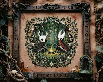 Forest Bug Knights Cross Stitch Pattern: Enchanted Campfire Scene & Leafy Border Embroidery PDF