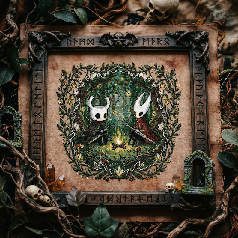 This atmospheric pattern features two masked warriors resting at a glowing campfire deep in an enchanted forest. Tall trees fade into shadowy green tones, while fireflies sparkle in the background, creating a magical night-time ambience. The characters hold their swords as they sit across from one another, illuminated by warm golden light. A detailed gothic leaf border surrounds the entire composition, merging nature and fantasy aesthetics. Ideal for fans of dark adventure art, woodland themes