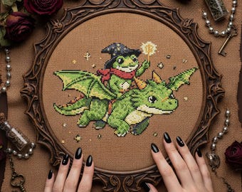 Wizard Frog Riding a Dragon Cross Stitch Pattern: Fantasy Magical Frog Embroidery PDF