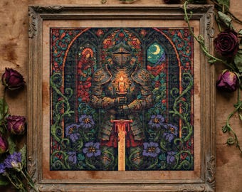 Caballero de la Llama Sagrada en punto de cruz: Guerrero gótico de la catedral, marco floral y bordado de fantasía (PDF)