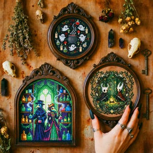 A captivating fantasy-inspired cross stitch bundle image presenting a complete embroidery pattern shop in a single layout. The design highlights “515+ Entire Shop Cross Stitch Bundle – Lifetime Access” at the center, surrounded by colorful embroidery hoops filled with witchy, gothic, and fantasy cross stitch designs. Visible patterns include dragons, spellcasting witches, celestial moons, gothic architecture, enchanted forests, and magical motifs. This image showcases a premium digital PDF