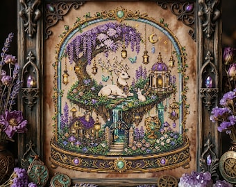 Fantasy Deer Garden Cross Stitch Pattern: Celestial Woodland Embroidery PDF