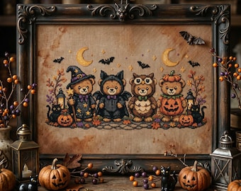 Spooky Teddy Bear Cross Stitch Pattern: Witch Bat Owl Pumpkin Costume Parade Embroidery (PDF)